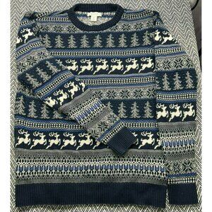 Men's XL Aspen Navy Blue Fair Isle Reindeer & Tree Sweater 100% Cotton Winter Ho